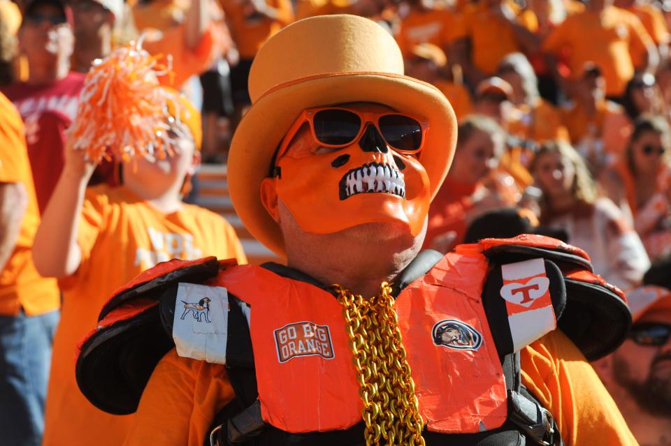 A Tennessee fan decked out in gear during a game between Tennessee and Alabama in Neyland Stadium, on Saturday, Oct. 15, 2022.