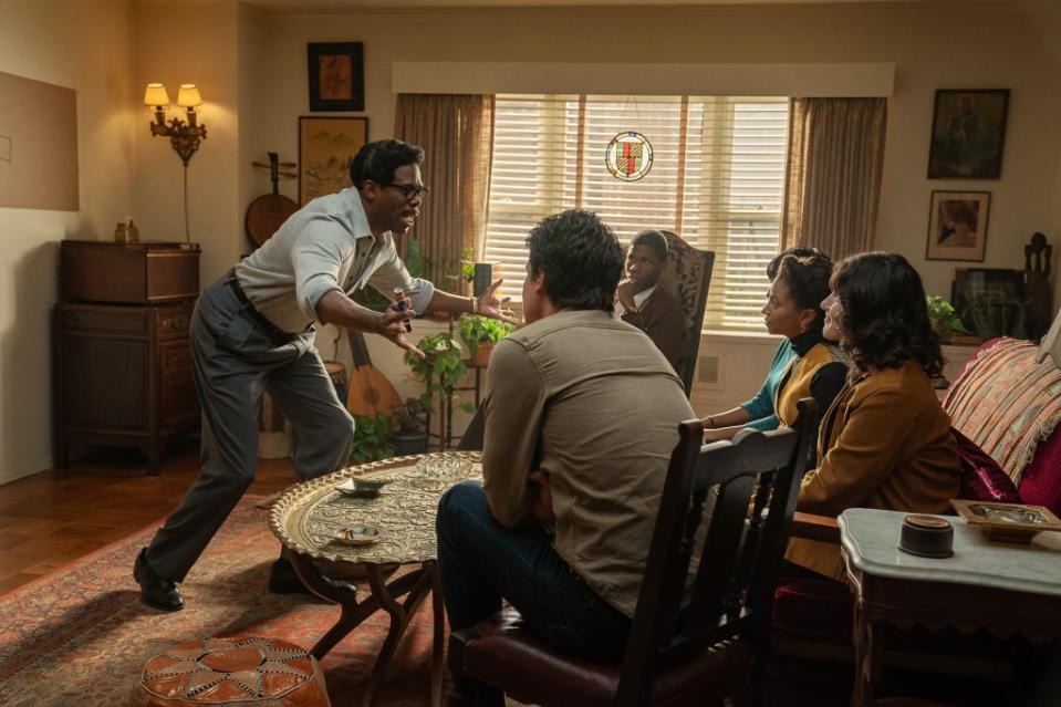 Rustin. (L to R) Colman Domingo as Bayard Rustin, Gus Halper as Tom, Lilli Kay as Rachelle, Ayana Workman as Eleanor and Jakeem Dante Powell as Norm in Rustin. Cr. David Lee/Netflix © 2022