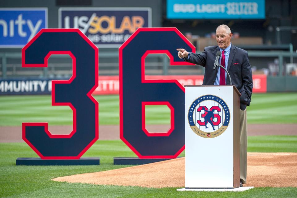 Former Minnesota Twins pitcher Jim Kaat speaks during a ceremony to retire his number before their game against he Chicago White Sox, Saturday, July 16, 2022, in Minneapolis. Kaat will be inducted into the Baseball Hall of Fame later this month. (AP Photo/Craig Lassig)