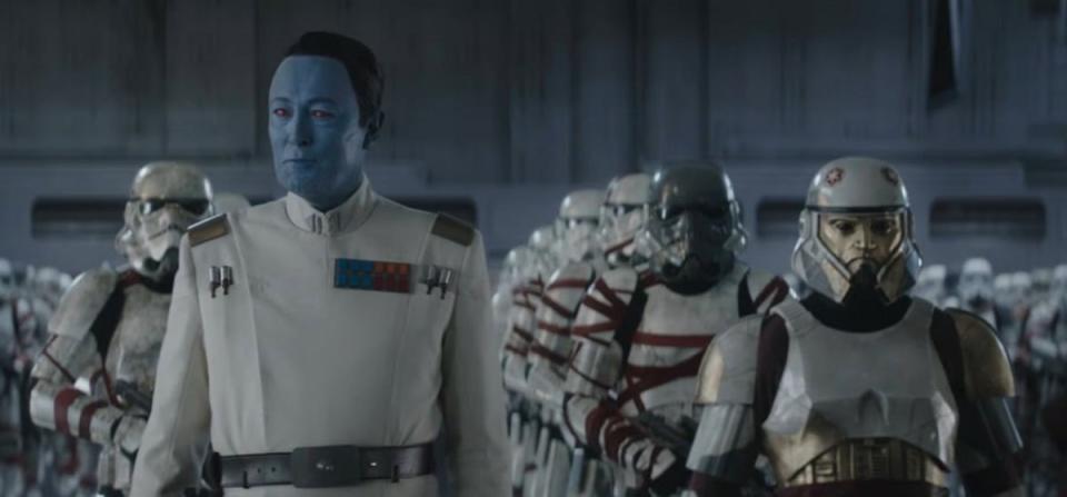 Grand Admiral Thrawn (Lars Mikkelsen) alongside his troops on his Star Destroyer in Star Wars: Ahsoka episode six.