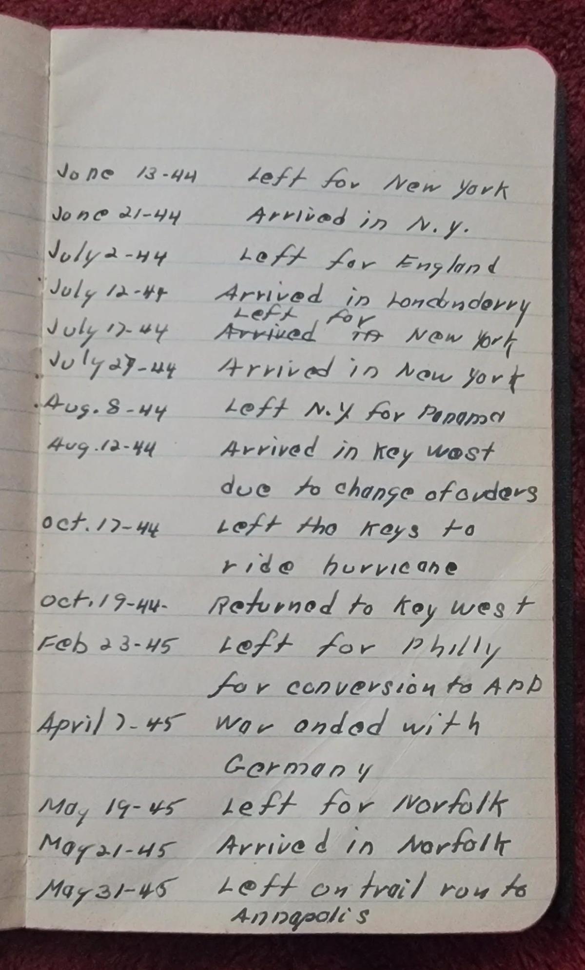 Unknown sailor's notebook found hidden in furniture tells story of USS Amesbury's WWII journey