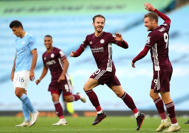 James Maddison, centre, scored a superb fourth for Leicester