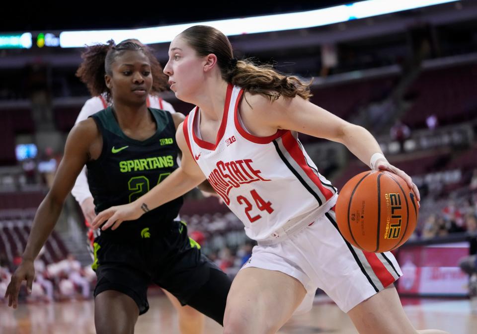 Ohio State guard Taylor Mikesell drives past Michigan State guard Nia Clouden during the third quarter at Value City Arena in Columbus on Jan. 12, 2022.