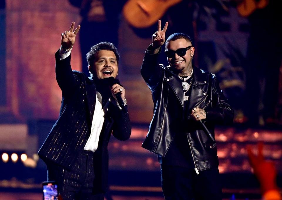 Christian Nodal, left, and Gera MX perform "Botella Tras Botella" at the Latin American Music Awards.