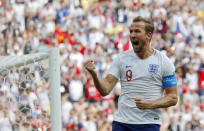 <p>England’s Harry Kane celebrates after he scored his side’s second goal during the group G match </p>