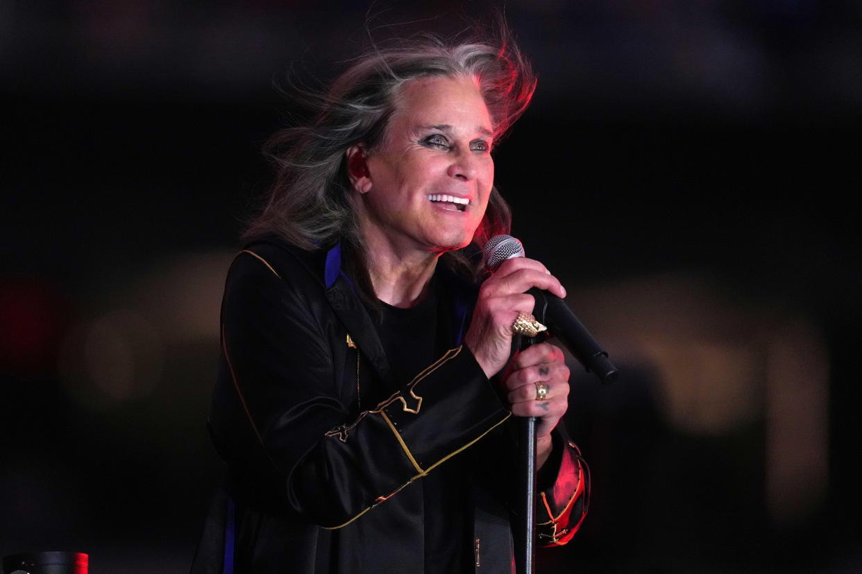 Sep 8, 2022; Inglewood, California, USA; Recording artist Ozzy Osbourne performs during the game between the Buffalo Bills and the Los Angeles Rams at SoFi Stadium.  Mandatory Credit: Kirby Lee-USA TODAY Sports