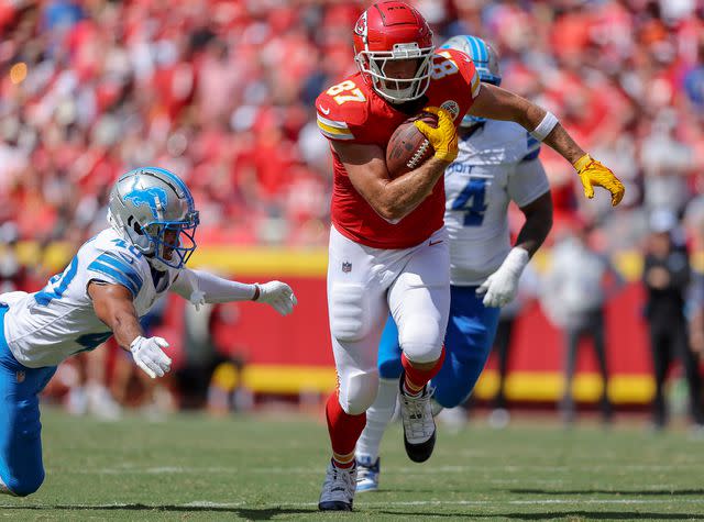 <p>David Eulitt/Getty</p> Travis Kelce