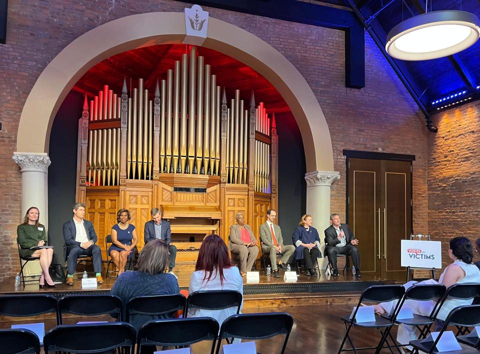 Eight candidates for Nashville mayor participate in the Tennessee Voices for Victims candidate forum at Clementine Hall near Richland Park in Nashville on March 23, 2023. Left to right: Alice Rolli, Matt Wiltshire, Vivian Wilhoite, Jim Gingrich, Sharon Hurt, Freddie O'Connell, Heidi Campbell and Jeff Yarbro.