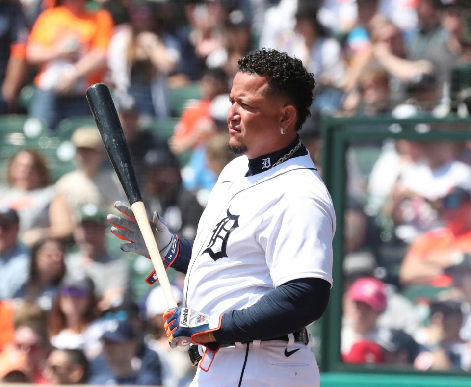 Tigers DH Miguel Cabrera waits to bat in the first inning of Game 1 of the doubleheader against the Rockies on Saturday, April 23, 2022 at Comerica Park.