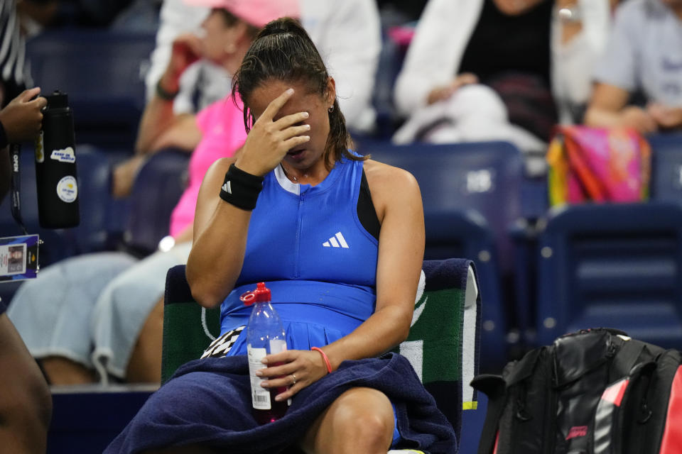 Daria Kasatkina, of Russia, reacts during a match against Sofia Kenin, of the United States, at the second round of the U.S. Open tennis championships, Thursday, Aug. 31, 2023, in New York. (AP Photo/Frank Franklin II)