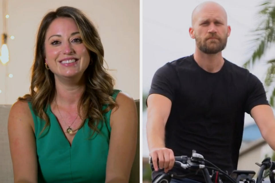 Krysten smiles as she appears on "Married at First Sight," and Mitch rides a bike