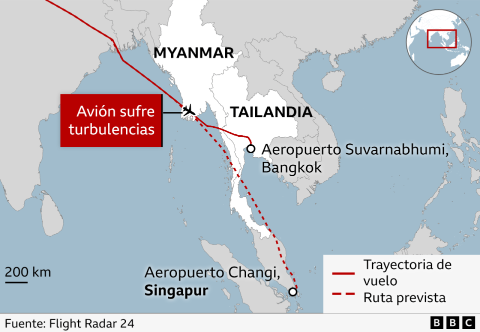 Mapa del vuelo y sitio donde el avión sufrió las turbulencias