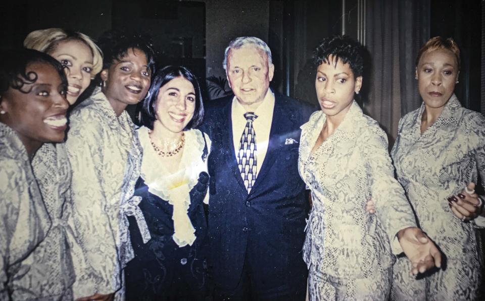 Angela Thomas; representing Capitol Records celebrates with Frank Sinatra on his 84th birthday along with label mates The Earth Girls.