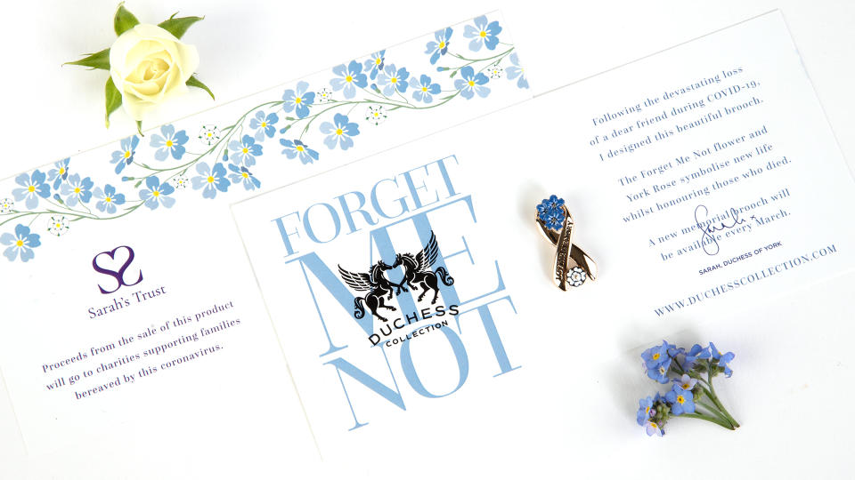 Undated handout photo of a forget me not brooch designed by Sarah, Duchess of York, which is part of a range of products she is launching, including tea and biscuits gift set, pin brooch and facemask with profits going to charity.