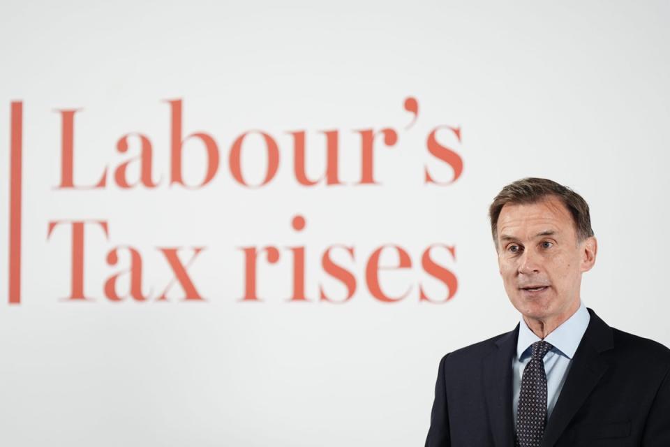 Chancellor Jeremy Hunt used a speech on Friday to claim that tax would rise under a Labour government (Aaron Chown/PA)