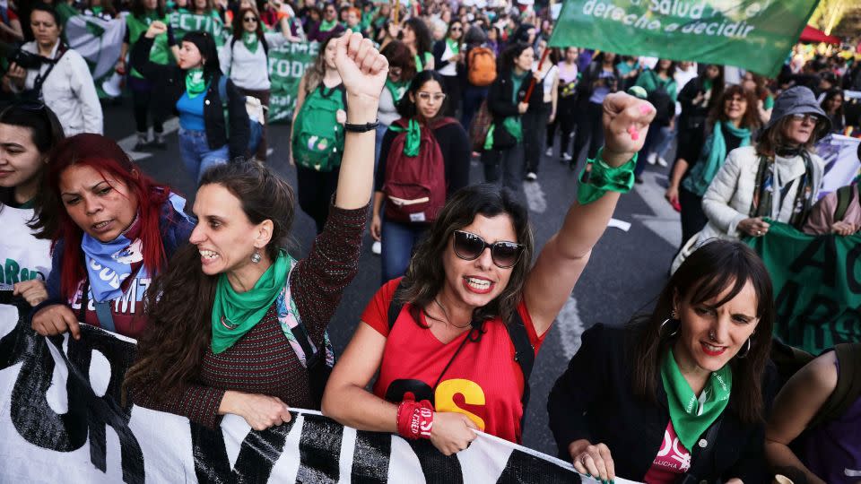 Women from feminist organizations take part in a march in defense of legal abortion in Buenos Aires, on September 28, 2023.  - Emiliano Lasalvia/AFP/Getty Images