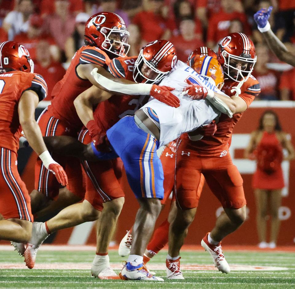 The Utah Utes defense tackles Florida Gators running back Trevor Etienne (7) in Salt Lake City on Thursday, Aug. 31, 2023 during the season opener. Utah won 24-11. | Jeffrey D. Allred, Deseret News