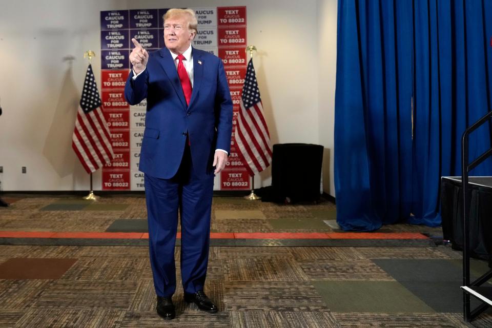 Former President Donald Trump arrives to speak at a campaign rally at Terrace View Event Center in Sioux Center, Iowa, Friday, Jan. 5, 2024. (AP Photo/Andrew Harnik)