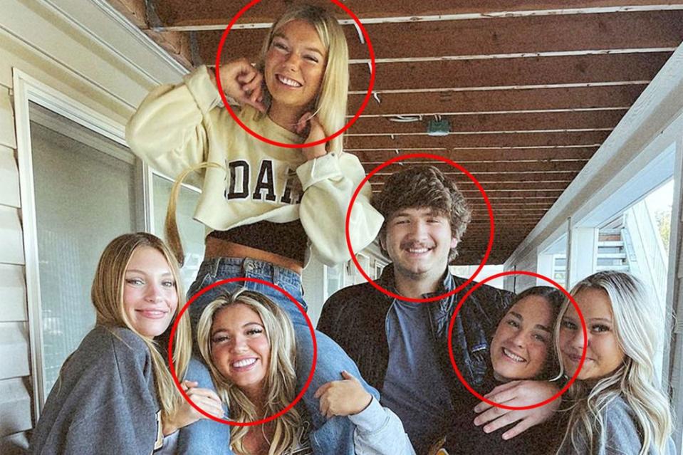 The four students who were found deceased are Madison Mogen, 21, top left, Kaylee Goncalves, 21, bottom left, Ethan Chapin, 20, center, and Xana Kernodle, 20, right.