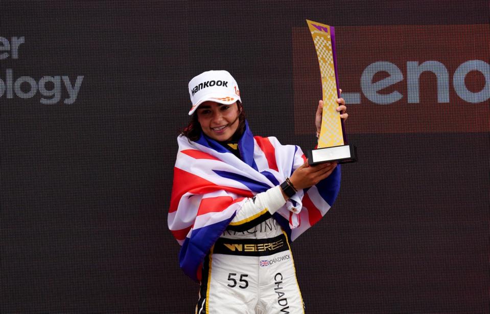 Jamie Chadwick celebrates winning at Silverstone earlier this year (David Davies/PA) (PA Wire)