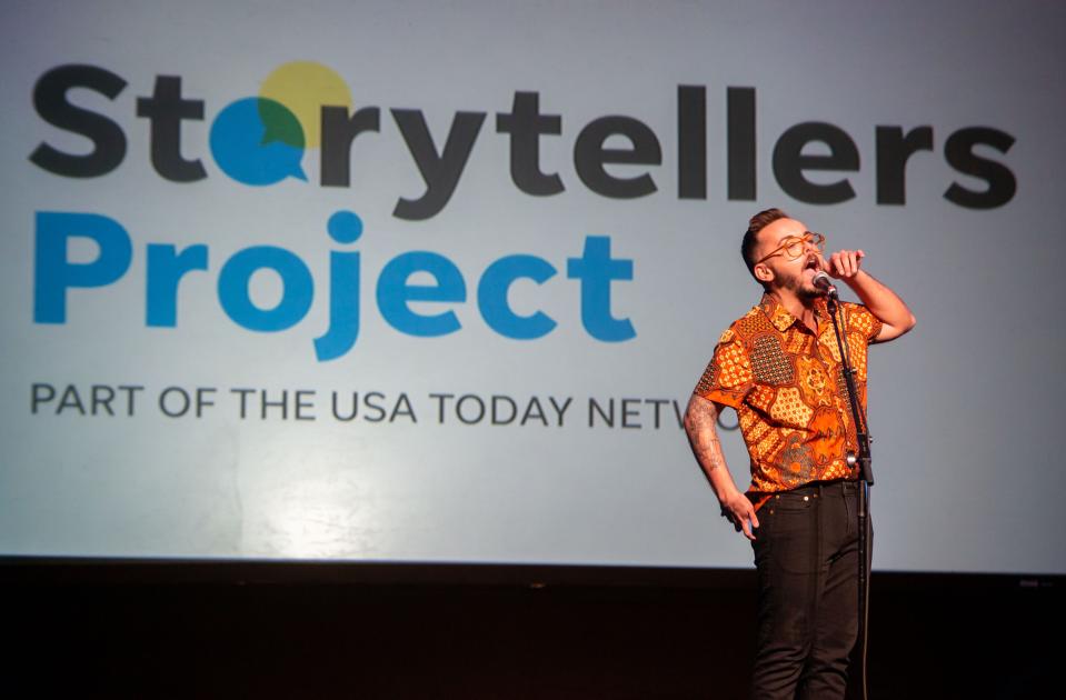 Blake Carlson performs at the "Growing Up" themed Storytellers event at Hoyt Sherman Place in Des Moines, Tuesday, April 26, 2022.