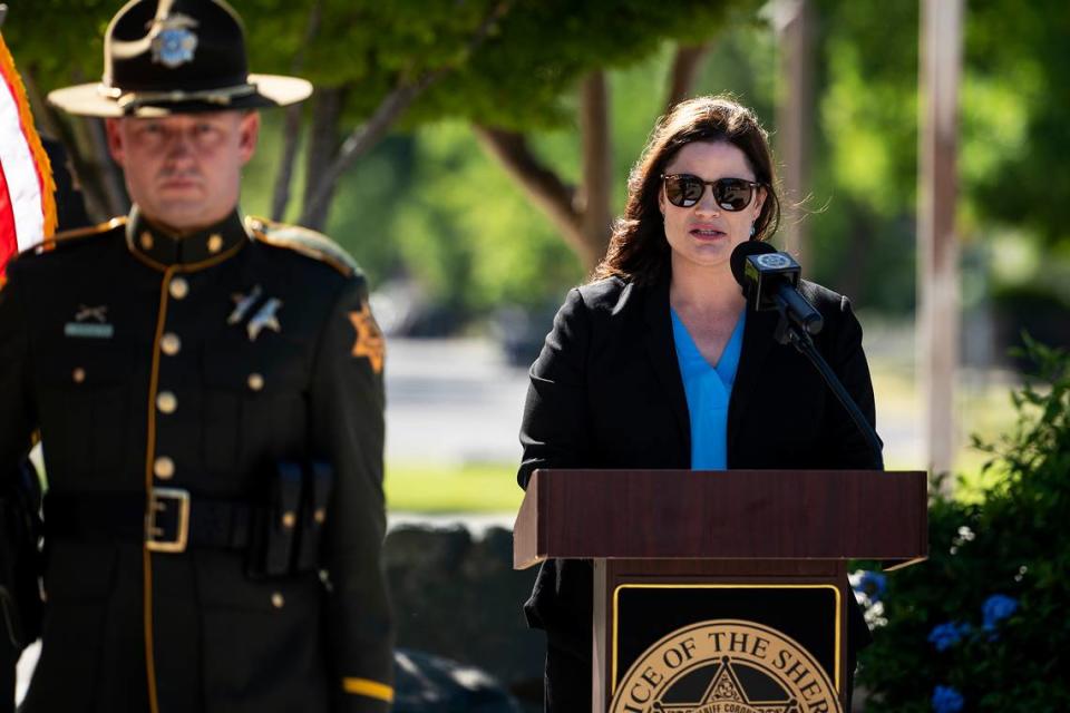 Merced County District Attorney Nicole Silveira speaks during the annual Merced County Peace Officers Memorial Ceremony in Merced, Calif., on Wednesday, May 29, 2024. The ceremony honors law enforcement officers who died in the line of duty.