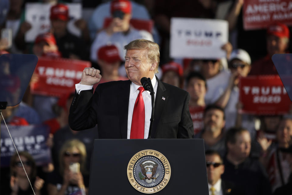 President Donald Trump gestures during a campaign rally in Montoursville, Pa., Monday, May 20, 2019. (AP Photo/Matt Rourke)