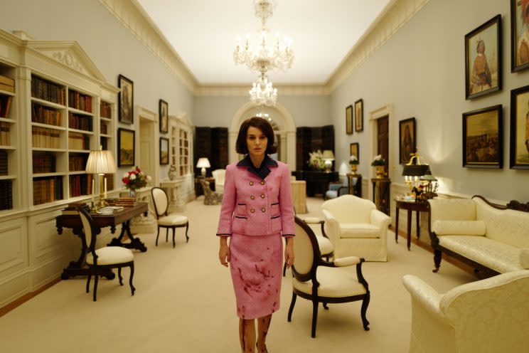 Natalie Portman as Jacqueline Kennedy, wearing the pink Chanel suit. (Photo: Pablo Larrain, Fox Searchlight Pictures)