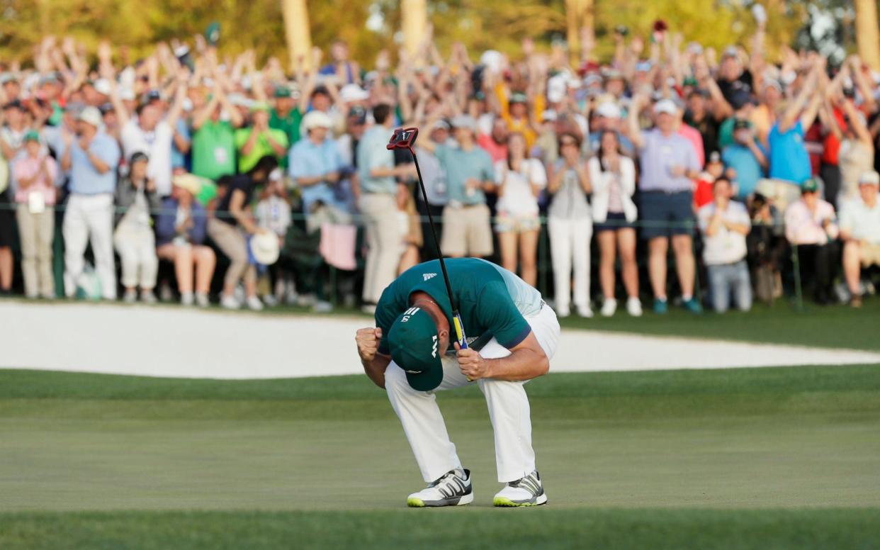 Sergio Garcia sinks to his knees after sealing the 2017 Masters in a play-off  - AP