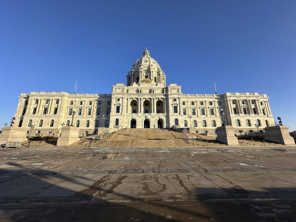 The sun shines on the Minnesota State Capitol on Monday, Feb. 12, 2024, in St. Paul, on the opening day of the 2024 session of the Minnesota Legislature. Lawmakers have a relatively modest agenda ahead after a momentous 2023 session that saw Democrats use their newfound full control of the statehouse to enact an ambitious list of their priorities. (AP Photo/Steve Karnowski)