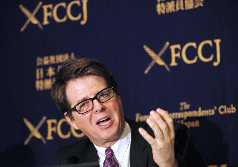 Douglas Bettcher, Director of the Department for Prevention of Noncommunicable Diseases of World Health Organization (WHO) speaks during a media conference in Tokyo, Friday, April 7, 2017. The senior World Health Organization official says Japan should go fully smoke-free in public places if it wants success in Tokyo Olympics and tourism promotion. (AP Photo/Mari Yamaguchi)