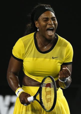 Serena Williams of the U.S. reacts during her semi-final match against Poland's Agnieszka Radwanska at the Australian Open tennis tournament at Melbourne Park, Australia, January 28, 2016. REUTERS/Issei Kato