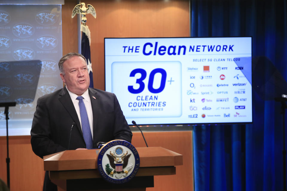 Secretary of State Mike Pompeo speaks during a news conference at the State Department in Washington, Wednesday, Aug. 5, 2020. (AP Photo/Pablo Martinez Monsivais, Pool)