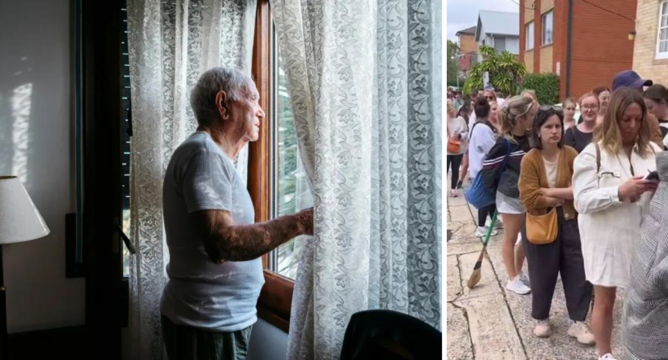 Composite image of an older man looking out his house window, and a line of would-be share house tenants.