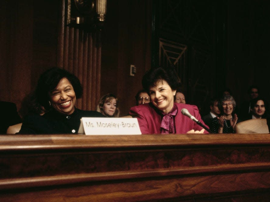 Dianne Feinstein and Carol Moseley Braun at a Senate Judiciary Committee meeting