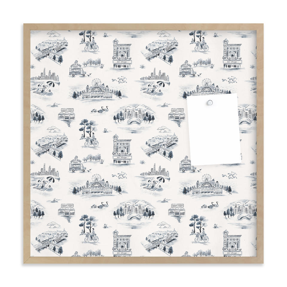 This photo provided by Minted shows a pin board. If the gift recipients have moved to Chicago, NY, San Francisco or Texas, Minted's designers have created cool toile papers for each, that are offered in framed pin boards – perfect for kitchens or home offices. (Minted via AP)