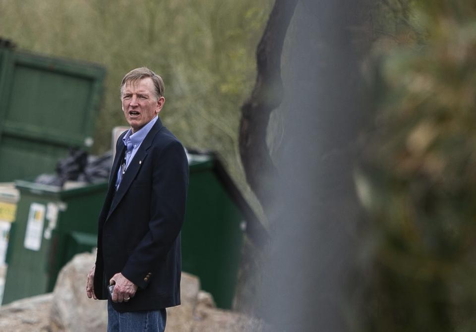 Rep. Paul Gosar walks to his car after speaking at the Arizona Republican Party state meeting at Dream City Church in Mesa, Ariz. on Jan. 23, 2021.