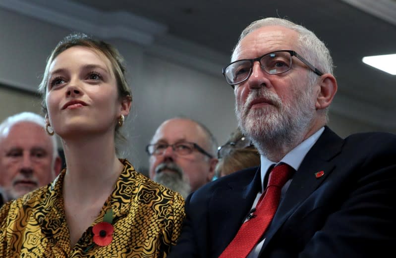 Britain's opposition Labour Party leader Jeremy Corbyn and Labour Party candidate for Halrow Laura McAlpine attend a general election campaign meeting in Harlow