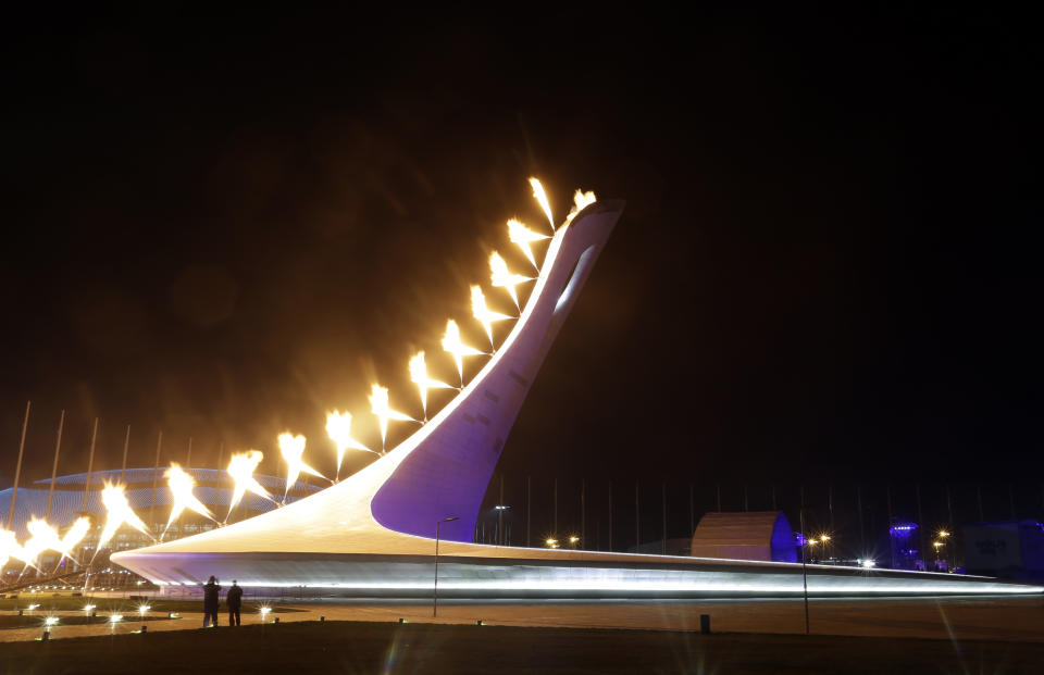 The Olympic Cauldron is lit during the opening ceremony of the 2014 Winter Olympics in Sochi, Russia, Friday, Feb. 7, 2014. (AP Photo/Darron Cummings)