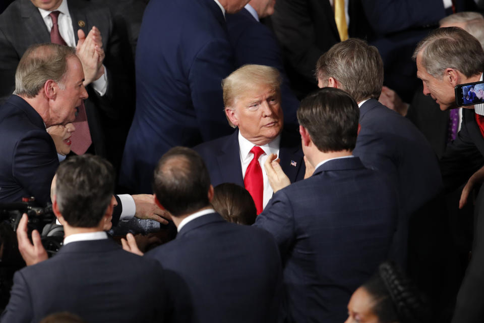 President Donald Trump arrives to deliver his State of the Union address to a joint session of Congress on Capitol Hill in Washington, Tuesday, Feb. 4, 2020. (AP Photo/J. Scott Applewhite)