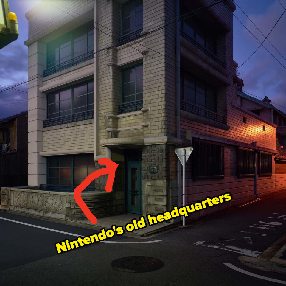 an arrow pointing to a building that was Nintendo's old headquarters