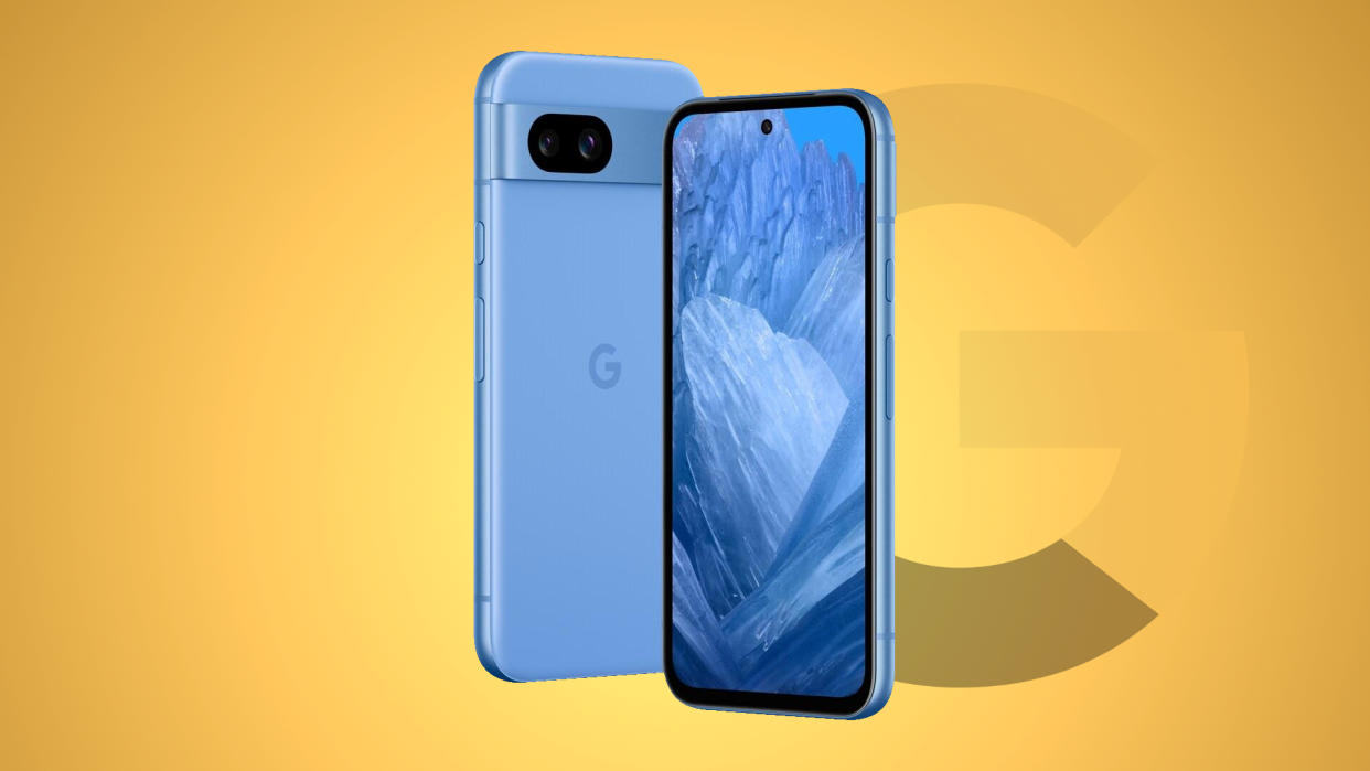  Google Pixel 8a in Blue on yellow gradient background. 