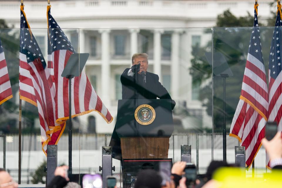 President Trump speaks during a rally protesting the electoral college certification of Joe Biden as President in Washington on Jan. 6, 2021.