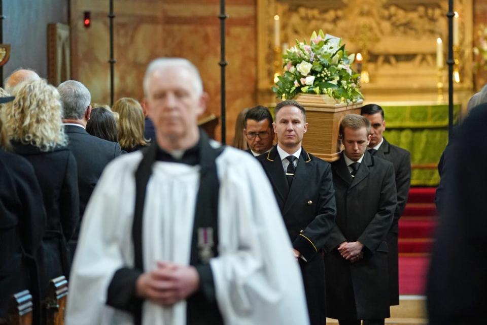 The coffin of James Brokenshire is carried from St John The Evangelist church in Bexley, south-east London (Stefan Rousseau/PA) (PA Wire)