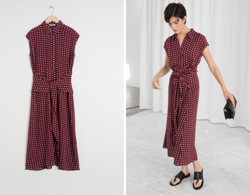 Meghan is wearing this burgundy dress from & Other Stories. It retails for £89 and is called the “Waist Knot Midi Dress”. Photo: & Other Stories