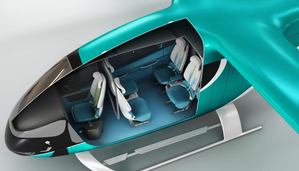 This artist's rendering depicts the cabin of an Eve Air Mobility electric air taxi, with four passenger seats and a pilot's seat.