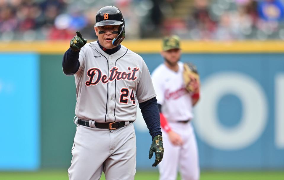 Detroit Tigers designated hitter Miguel Cabrera (24) points at Cleveland Guardians third baseman Jose Ramirez (not pictured) during the first inning at Progressive Field.