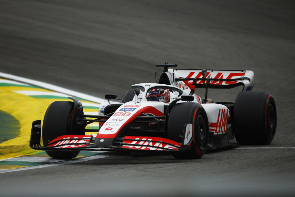 SAO PAULO, BRAZIL - NOVEMBER 11: Kevin Magnussen of Denmark driving the (20) Haas F1 VF-22 Ferrari on track during qualifying ahead of the F1 Grand Prix of Brazil at Autodromo Jose Carlos Pace on November 11, 2022 in Sao Paulo, Brazil. (Photo by Jared C. Tilton/Getty Images)