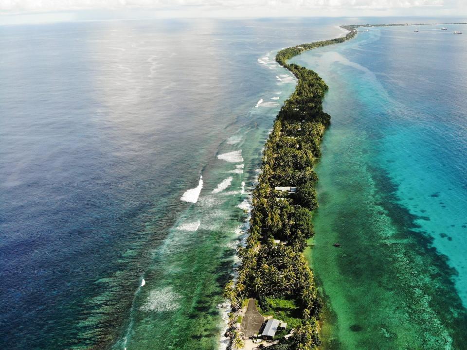 An aerial view of an island in Tuvalu in the South Pacific.