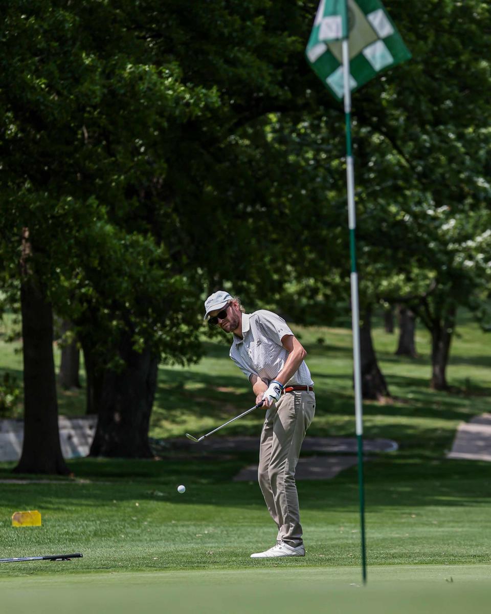 Blake Reifsnyder chips onto #18 green at the Lebanon Valley Golf Club in Myerstown during the Lebanon County Amateur Golf Tournament. Sunday June 26, 2022.